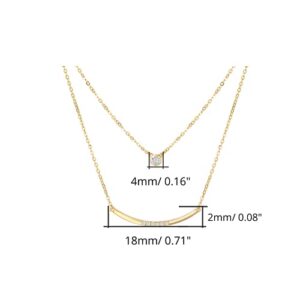 FANCIME 14k Solid Yellow Gold Double Chain Choker Layered Wavy Bar Solitaire Bezel Dot Diamond 0.09cttw Pendant Necklace For Women, 16" + 2" Extender