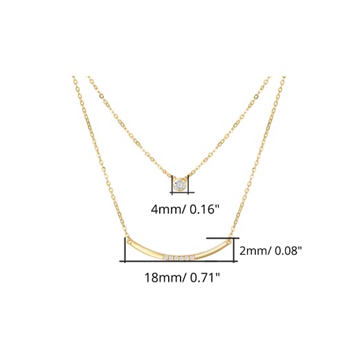 FANCIME 14k Solid Yellow Gold Double Chain Choker Layered Wavy Bar Solitaire Bezel Dot Diamond 0.09cttw Pendant Necklace For Women, 16" + 2" Extender