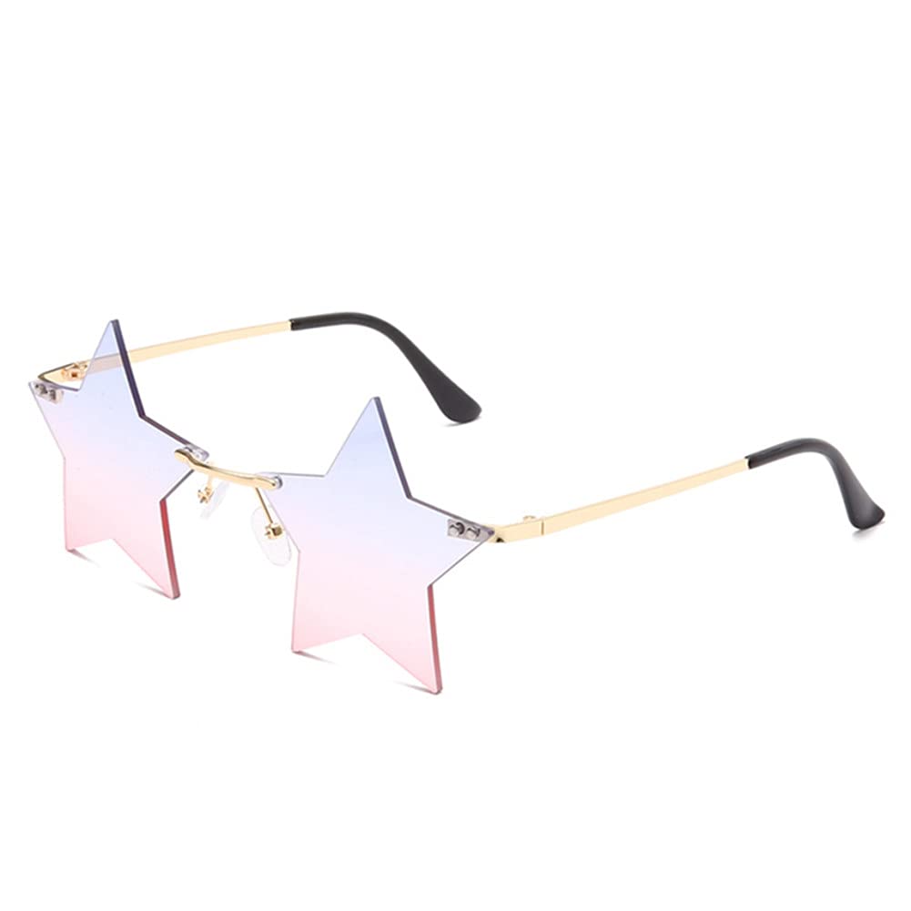 ENTHYI Star Rimless Sunglasses Women/Men Unique Pentagram Party glasses Prom Streetwear (pink/blue)