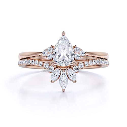 PB Collection Solid 14K Rose Gold Over 925 Sterling Silver Cluster Simulated Diamond Unique Wedding Ring Set 8