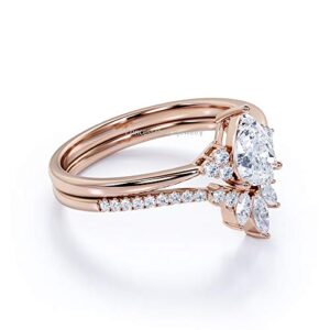 PB Collection Solid 14K Rose Gold Over 925 Sterling Silver Cluster Simulated Diamond Unique Wedding Ring Set 8