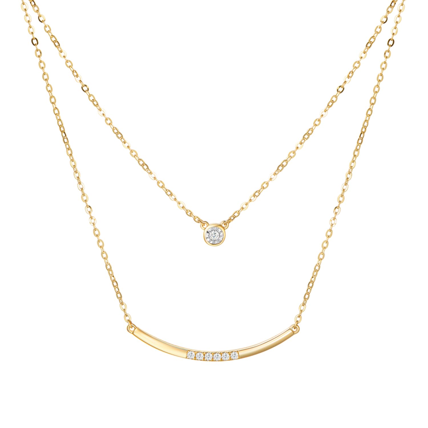 FANCIME 14k Solid Yellow Gold Double Chain Choker Layered Wavy Bar Solitaire Bezel Dot Diamond 0.09cttw Pendant Necklace For Women, 16" + 2" Extender