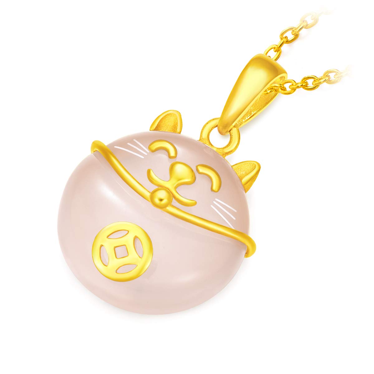 CHOW TAI FOOK 999 Pure 24K Gold and Rose Quartz Pendant- Maneki-Neko Money Cat Pendant