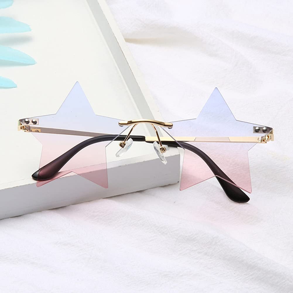 ENTHYI Star Rimless Sunglasses Women/Men Unique Pentagram Party glasses Prom Streetwear (pink/blue)