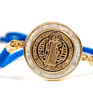 Alea Collection Catholic Blessed Saint Benedict Medal 18K Gold Plated Bracelet Blue String Religious Jewelry