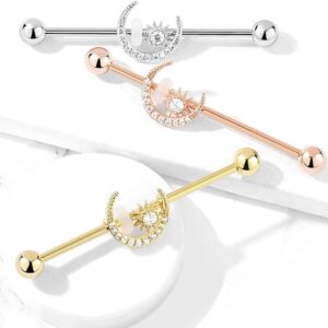 CZ Paved Moon with CZ Center Star 316L Surgical Steel Industrial Barbell (Clear)