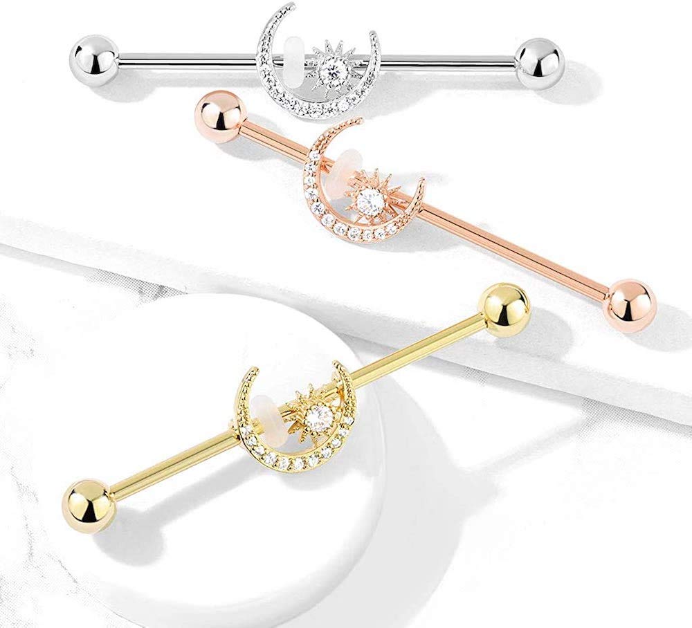 CZ Paved Moon with CZ Center Star 316L Surgical Steel Industrial Barbell (Clear)