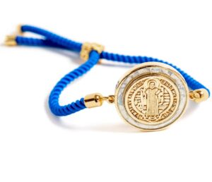 alea collection catholic blessed saint benedict medal 18k gold plated bracelet blue string religious jewelry