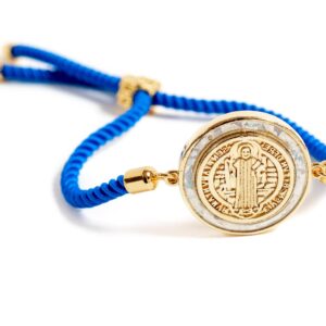 Alea Collection Catholic Blessed Saint Benedict Medal 18K Gold Plated Bracelet Blue String Religious Jewelry