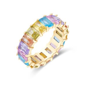 AFFY Eternity Rainbow Ring 18K Yellow Gold Plated Emerald-Cut Multi Color AAA Created-Gemstone Rainbow Ring, Stackable Ring, Wedding Band for Women Gift For Her (Ring 1, Size 9)