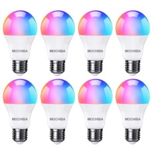 mochiba smart wifi led light bulbs, compatible with alexa and google home assistant, music sync multi color changing bulb, a19 e26 10w 900lm (80w equivalent), 8-pack,white,mka19