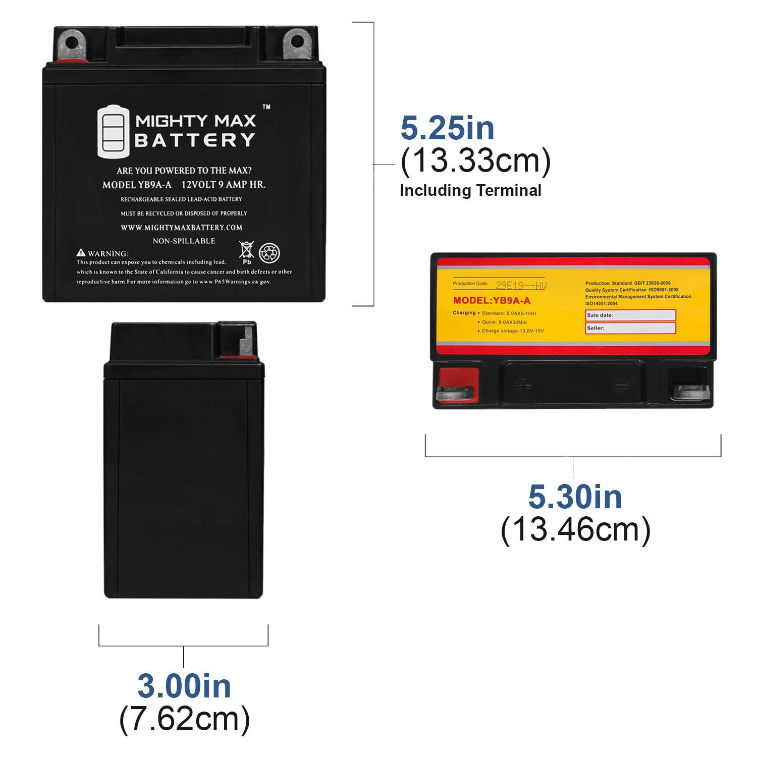 Mighty Max Battery YB9A-A 12V 9AH 130 CCA Battery Replaces Banshee YB9-B Motorcycle