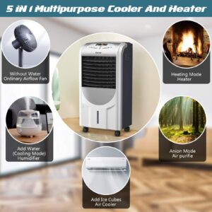 COSTWAY Evaporative Cooler and Heater, Portable Cooling Fan with Remote Control, 3-Mode, 3-Speed and Timer Function, Include Ice Crystal Boxes, Water Tank and Casters, Bladeless Cooler for Home Office