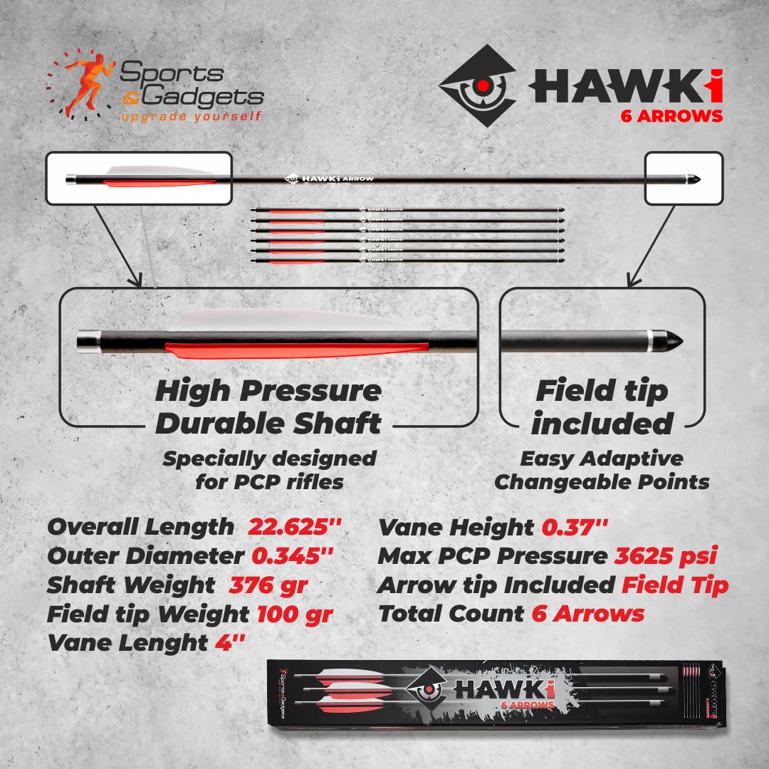 Hawki Carbon Arrow PCP 376gr 6 Pack Arrows Bolts with 100 gr Field Tip, Extra Precision for Hunting PCP Air Guns or Crossbows with Free 6 Pack Arrow Tail Nock