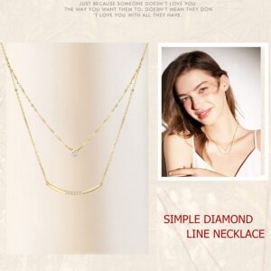 FANCIME 14k Solid Yellow Gold Double Chain Choker Layered Wavy Bar Solitaire Bezel Dot Diamond 0.09cttw Pendant Necklace For Women, 16" + 2" Extender