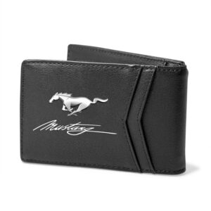 iPick Image, Compatible with - Ford Mustang Script Black PU Leather Slim RFID Resistant Bi-fold Men Wallet