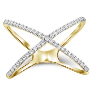 JEWELEXCESS 14K Gold over Silver Criss Cross Ring – 1/7 Carat White Diamond Ring with 14K Gold over Silver X Ring – Real Diamond Criss Cross Ring with Hypoallergenic Gold Plating Ring Band