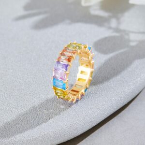 AFFY Eternity Rainbow Ring 18K Yellow Gold Plated Emerald-Cut Multi Color AAA Created-Gemstone Rainbow Ring, Stackable Ring, Wedding Band for Women Gift For Her (Ring 1, Size 9)