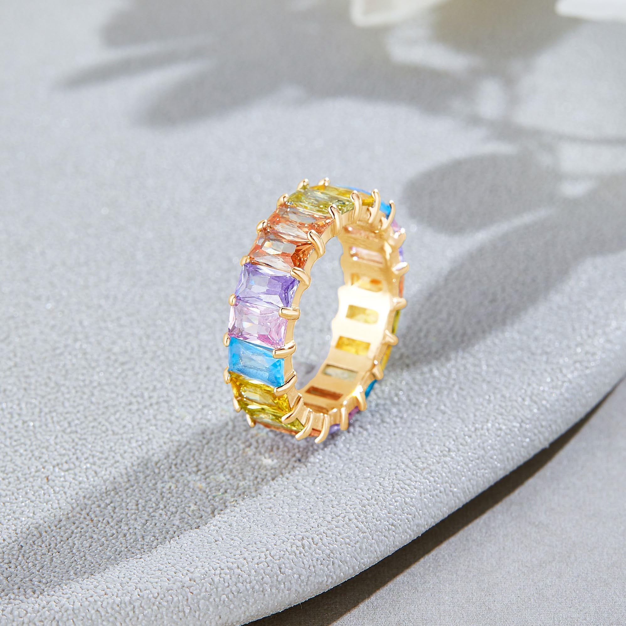 AFFY Eternity Rainbow Ring 18K Yellow Gold Plated Emerald-Cut Multi Color AAA Created-Gemstone Rainbow Ring, Stackable Ring, Wedding Band for Women Gift For Her (Ring 1, Size 9)