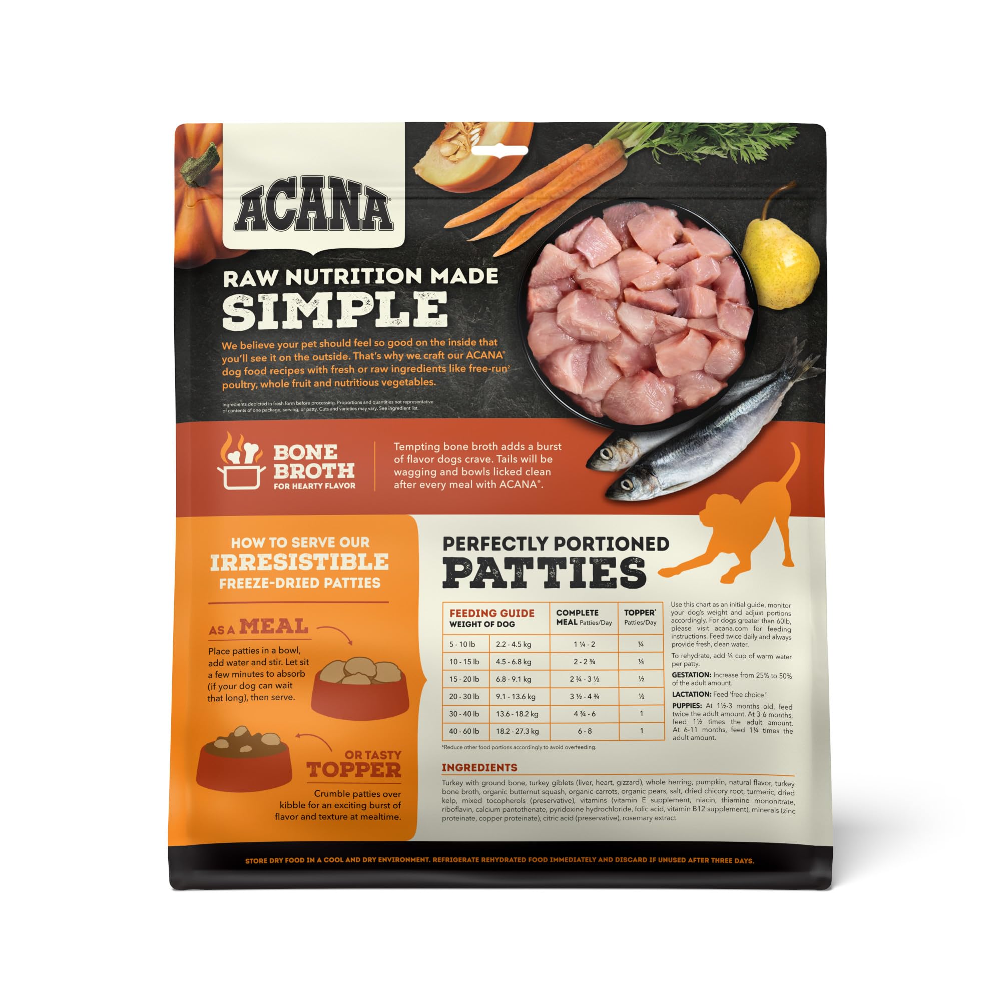 ACANA Freeze Dried Dog Food Patties Meal & Topper, Grain Free High Protein Free-Run Turkey Recipe, 14oz