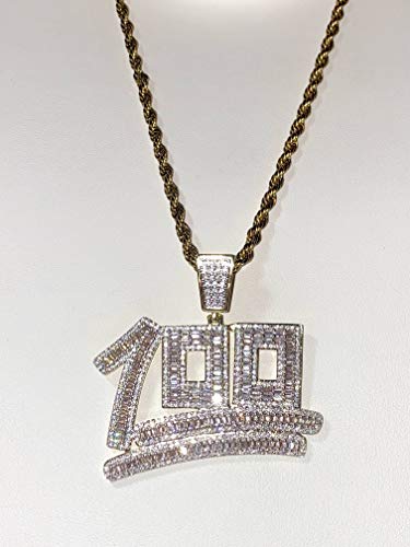 100 PERCENT EMOJI Money Custom Pendant Iced Out Diamond cz Necklace Men Women 925 Italy Gold Finish Iced Silver Charm Ice Out Pendant Stainless Steel Real 3 mm Rope Chain, Rope Necklace (20)