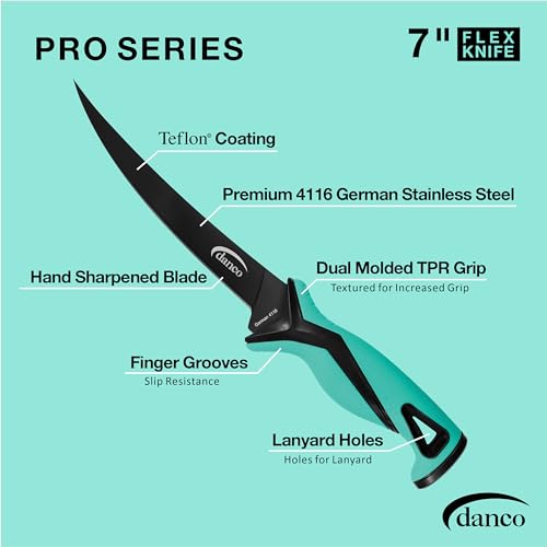 danco Pro Series 7" Fillet Knife | Full Tang German G4116 Stainless-Steel Blades with Teflon Coating, Molded Nylon Sheath, Perfect for Saltwater Fishing & Hunting