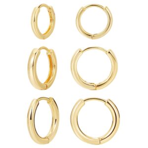 3 pairs 14k gold plated huggie hoop earrings, minimalist gold, simple 3 sizes earrings for women men gift