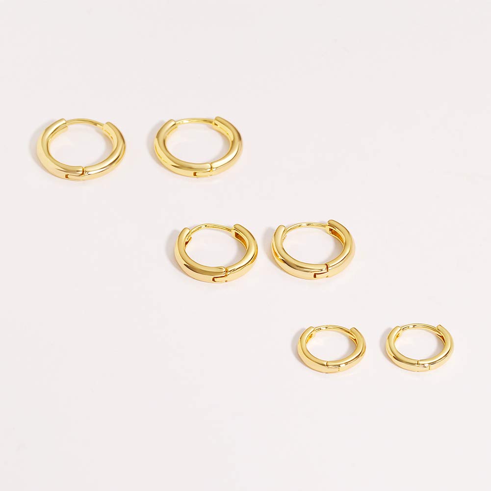 3 pairs 14K Gold Plated Huggie Hoop Earrings, Minimalist Gold, Simple 3 sizes Earrings for Women Men gift