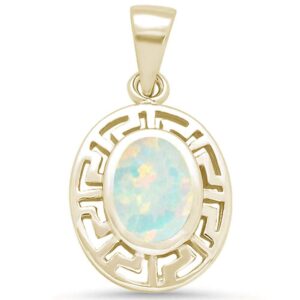 oxford diamond co sterling silver oval lab created opal greek key design pendant colors available (yellow gold plated white opal)