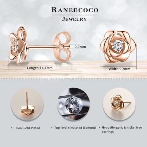 Rose Gold Plated Sterling Silver Rose Flower Earring Studs, Hypoallergenic & Nickel Free Earrings for Women