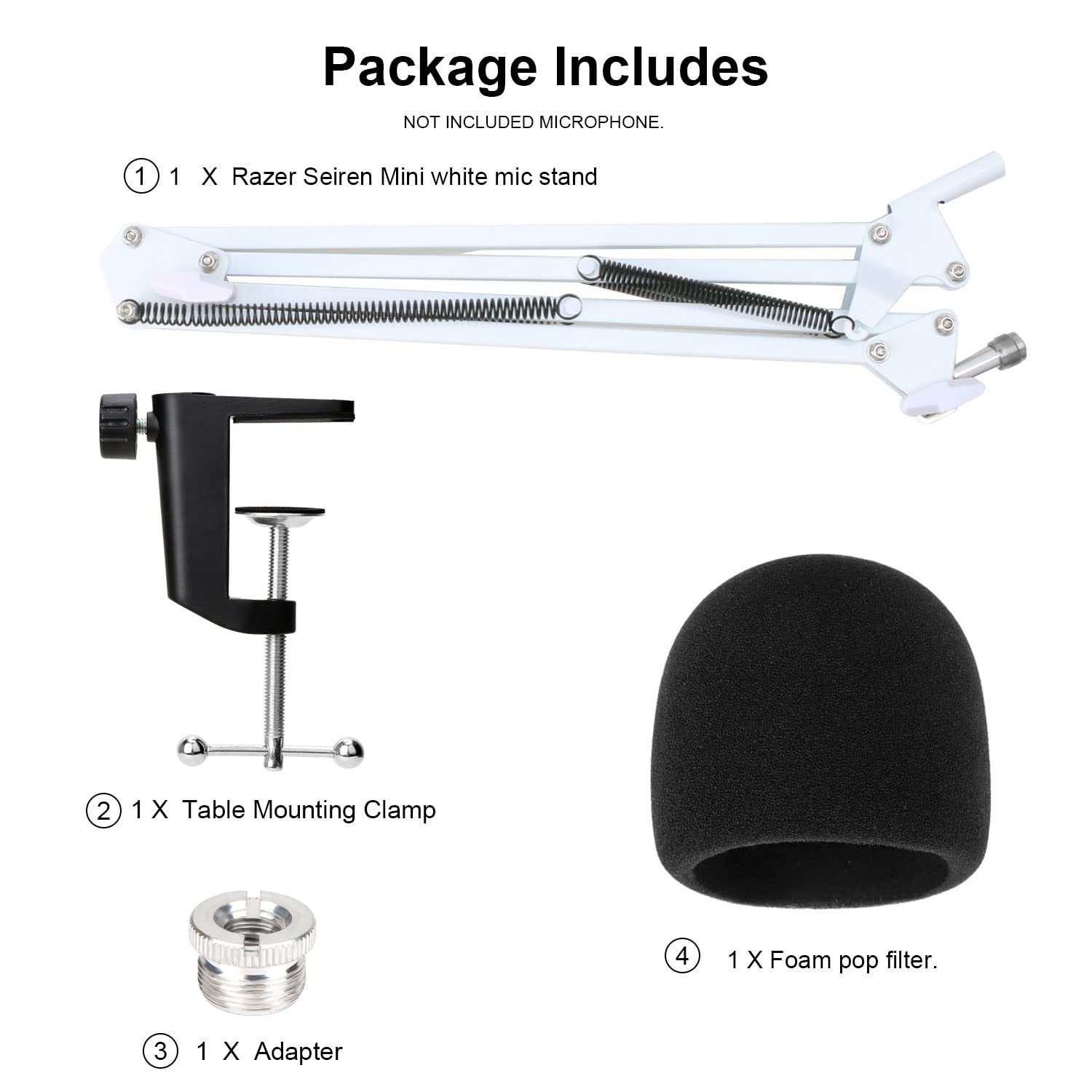 YOUSHARES Razer Seiren Mini Boom Arm with Pop Filter - Mic Stand with Foam Cover Windscreen Compatible with Razer Seiren Mini Streaming Microphone(White)