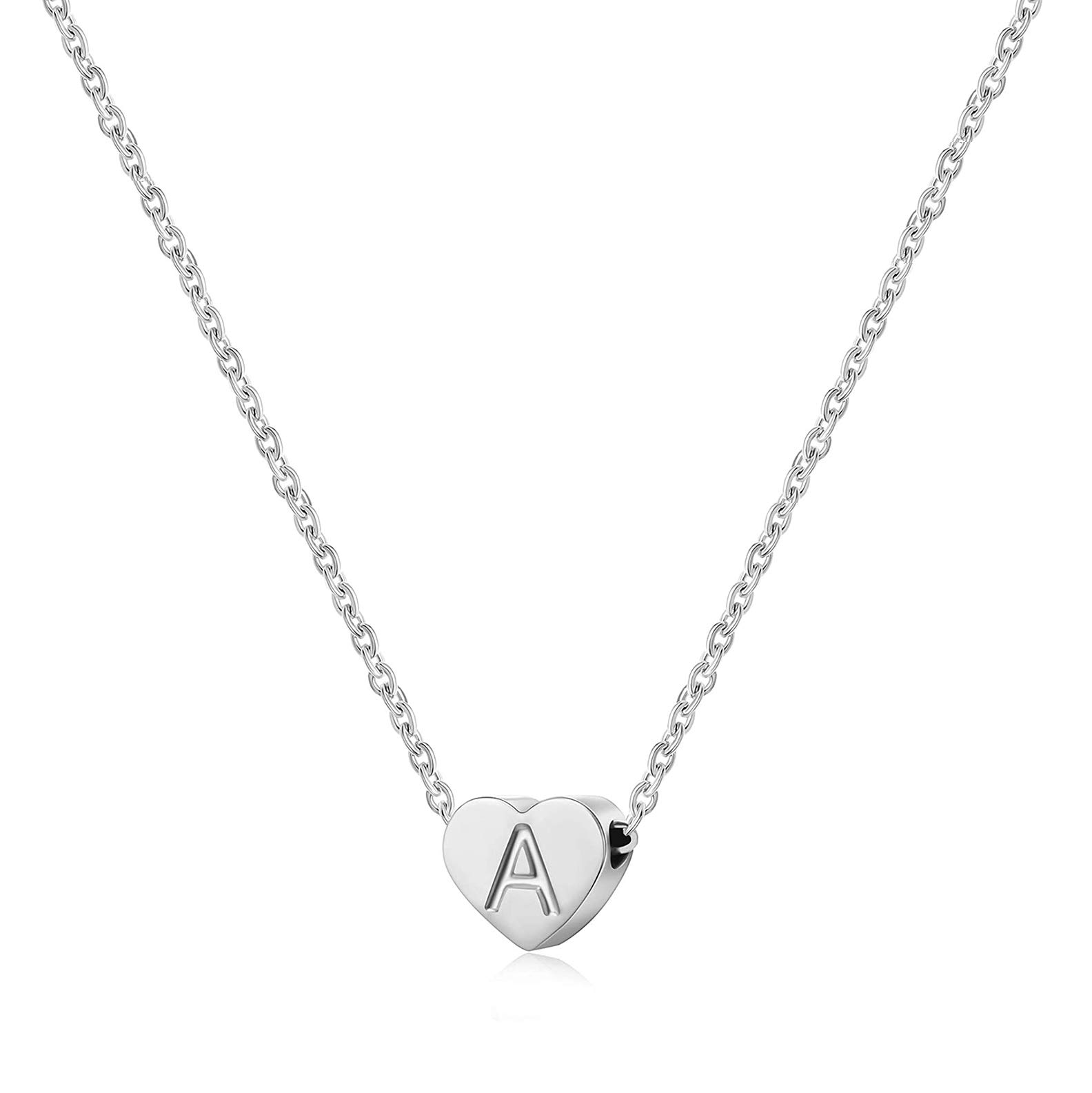 Tiny Initial Heart Necklace - 14K Gold Plated Letter Heart Pendant Necklace for Women (A-Silver)