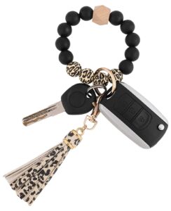 baosiwa women silicone bracelet keychain wristlet beaded key ring leopard bangle chains with leather tassel