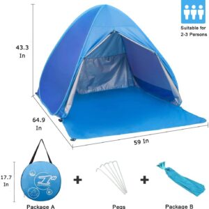 Pop Up Beach Tent Shade Sun Shelter UPF 50+ Canopy Cabana 2-3 Person for Adults Baby Kids Outdoor Activities Camping Fishing Hiking Picnic Touring (Blue)