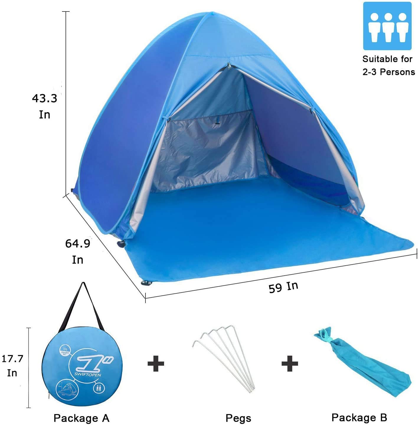 Pop Up Beach Tent Shade Sun Shelter UPF 50+ Canopy Cabana 2-3 Person for Adults Baby Kids Outdoor Activities Camping Fishing Hiking Picnic Touring (Blue)