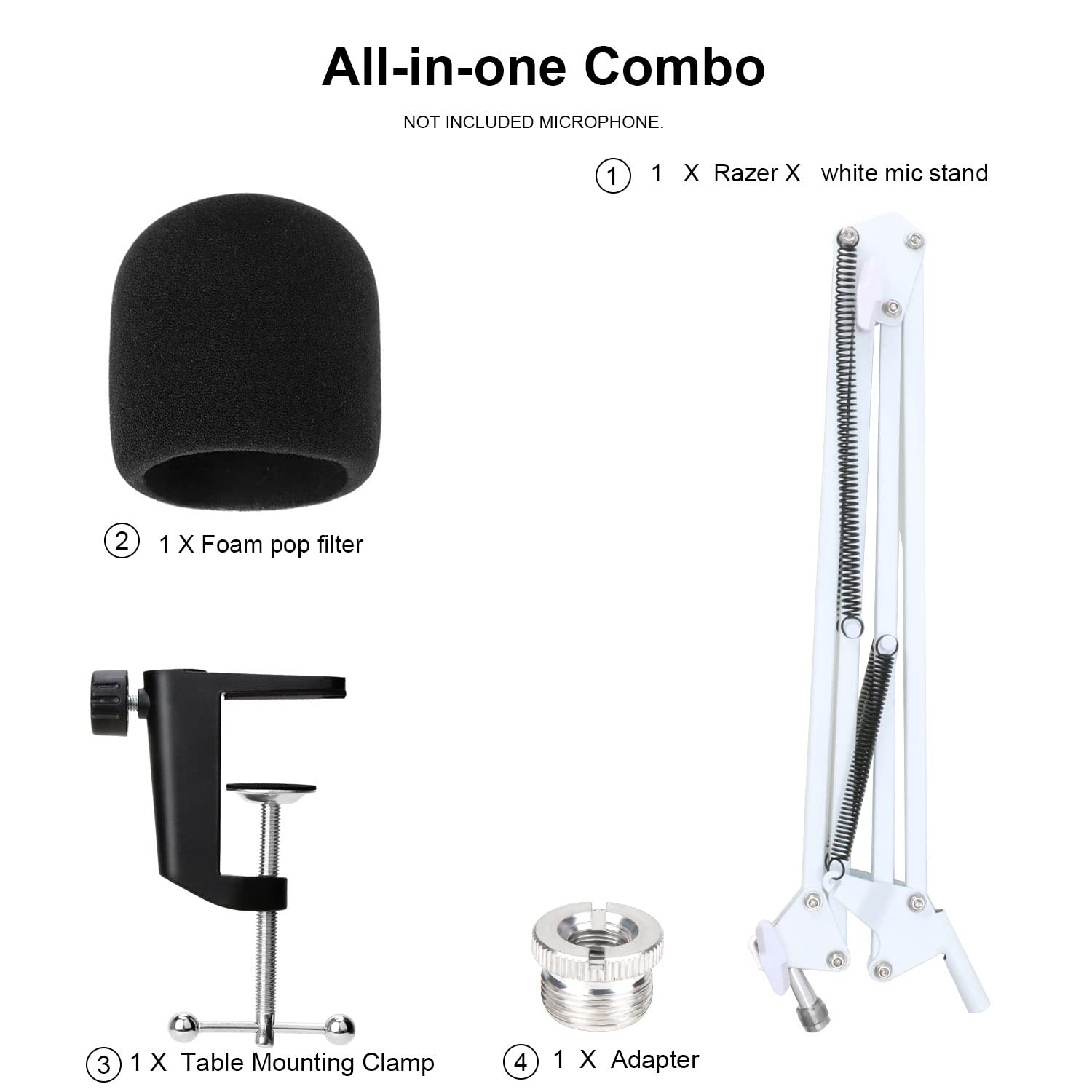 YOUSHARES White Mic Stand with Pop Filter - Microphone Boom Arm Stand with Foam Cover Windscreen for Blue Yeti, Blue Yeti Pro Mic