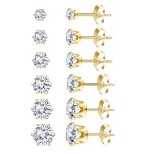 ComaZoo 14K Gold Stud Earrings for Women Men, Hypoallergenic Stainless Steel Stud Earrings Set with Simulated Diamond Cubic Zirconia 3-8mm (6 Pairs)… (white gold with balck CZ)