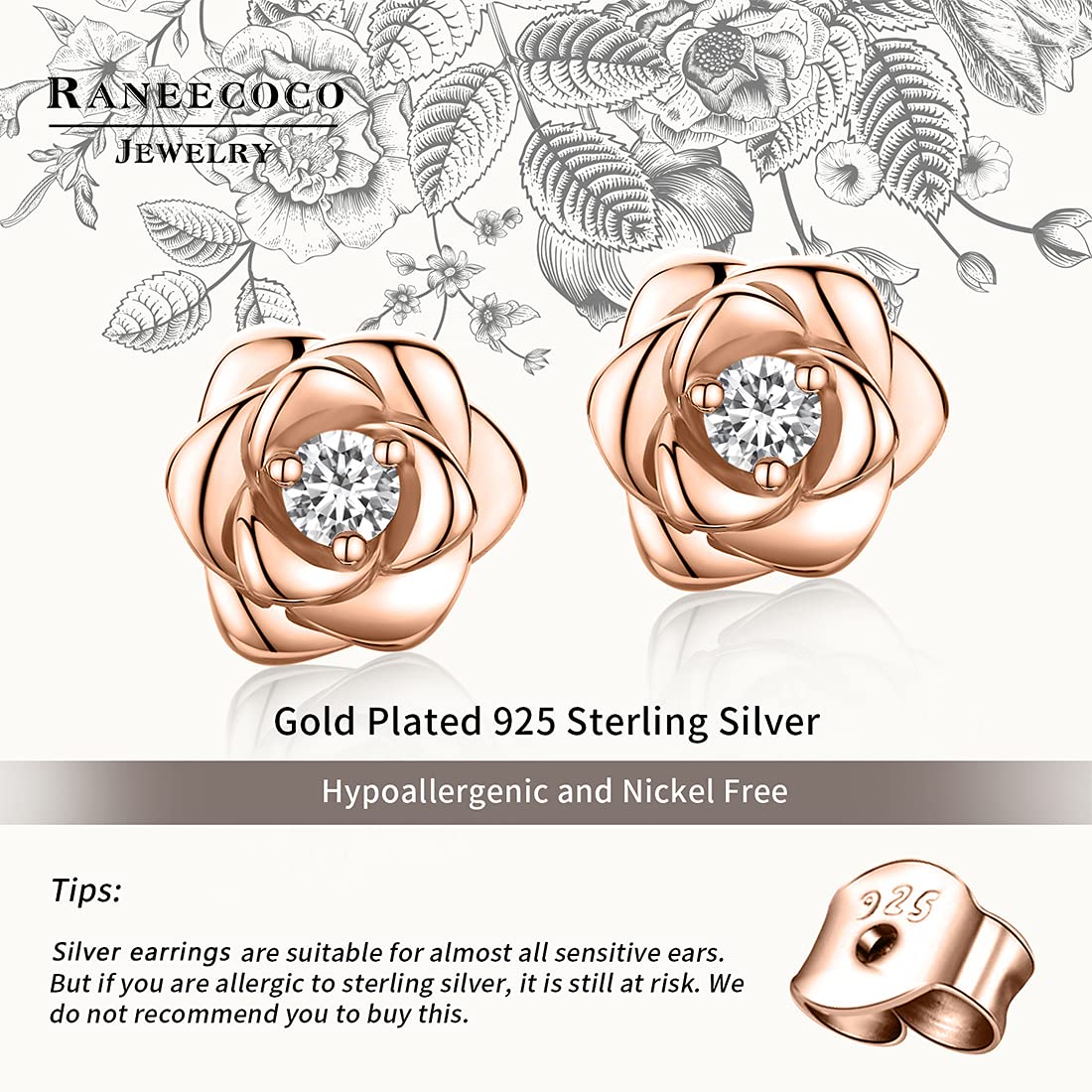 Rose Gold Plated Sterling Silver Rose Flower Earring Studs, Hypoallergenic & Nickel Free Earrings for Women