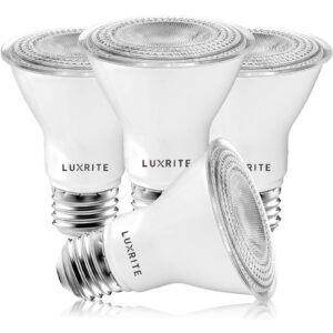 luxrite 4 pack par20 led bulbs, 50w equivalent, 5000k bright white, dimmable led spotlight bulb, indoor outdoor, 7w, 500 lumens, wet rated, e26 standard base, ul listed