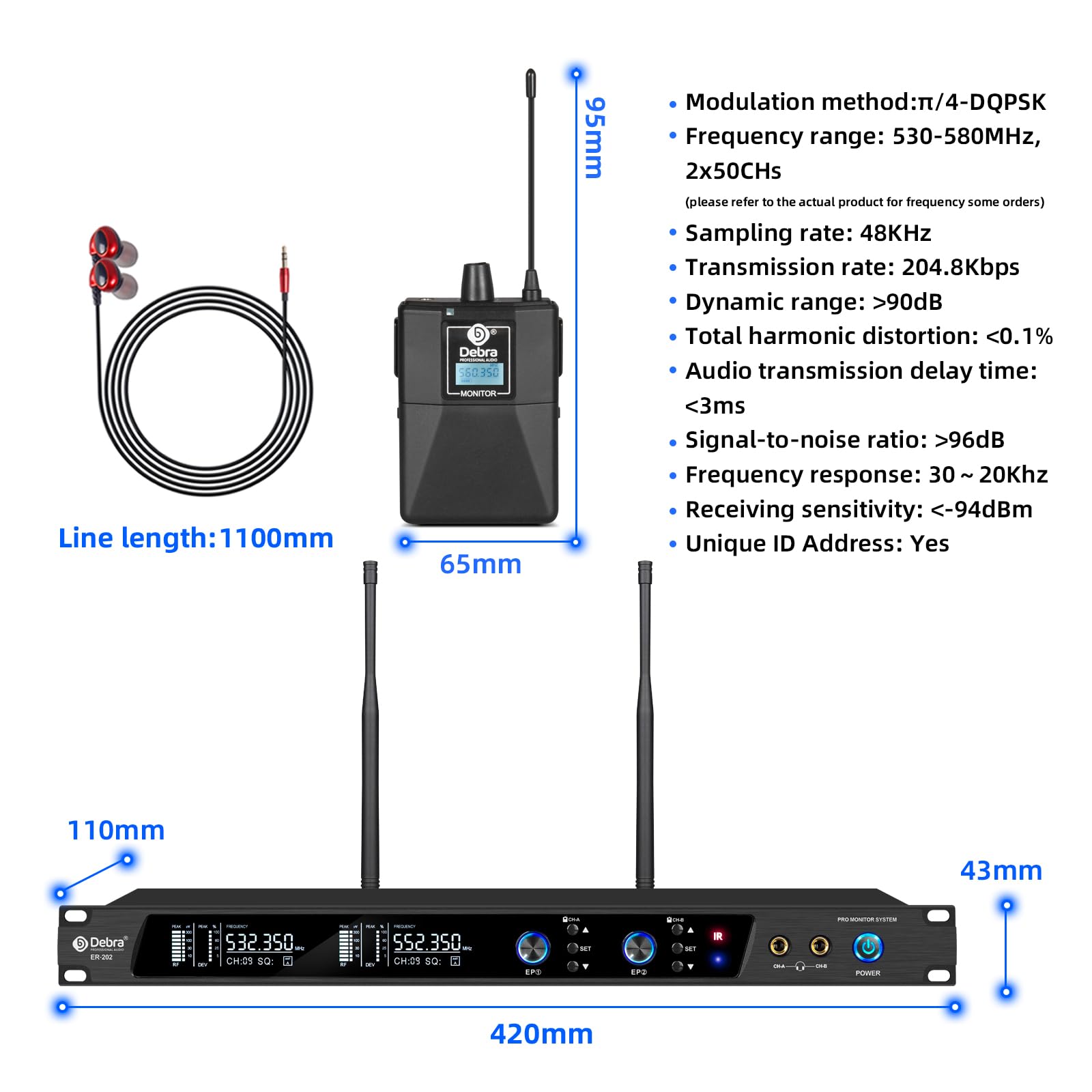 D Debra Bodypack with Earphone Only Suitable for ER-202 & ER-102 Wireless in Ear Monitor System, Can Not Be Used Alone(Only 1 Bodypack)