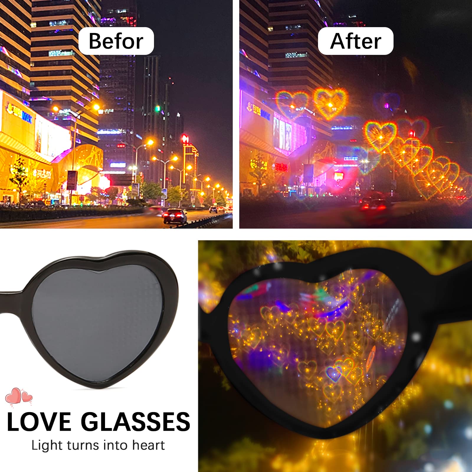 YQVIE Heart Shaped Sunglasses with Heart Effect for Women Light Changing Heart Effect Diffraction Glasses for Party Supplies (Black/White/Red/Pink)