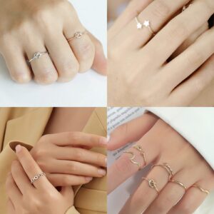 Fxiqini 10Pcs Open Rings Knuckle Rings Star Moon Arrow Knot Wave Feather Bar Retro Toe Ring Stackable Thumb Knuckle Finger Adjustable Rings for Women Men Rose Gold Tone