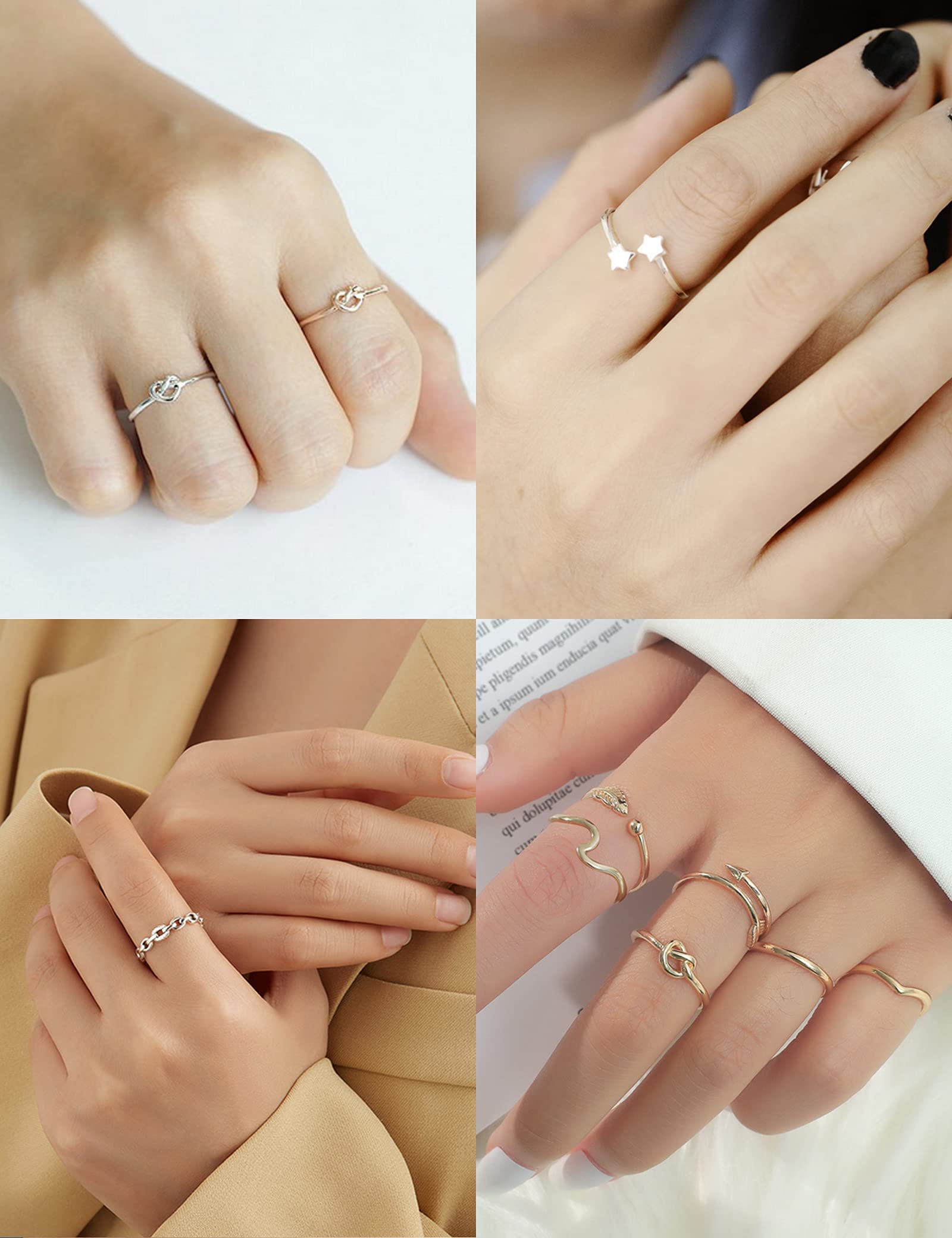 Fxiqini 10Pcs Open Rings Knuckle Rings Star Moon Arrow Knot Wave Feather Bar Retro Toe Ring Stackable Thumb Knuckle Finger Adjustable Rings for Women Men Rose Gold Tone