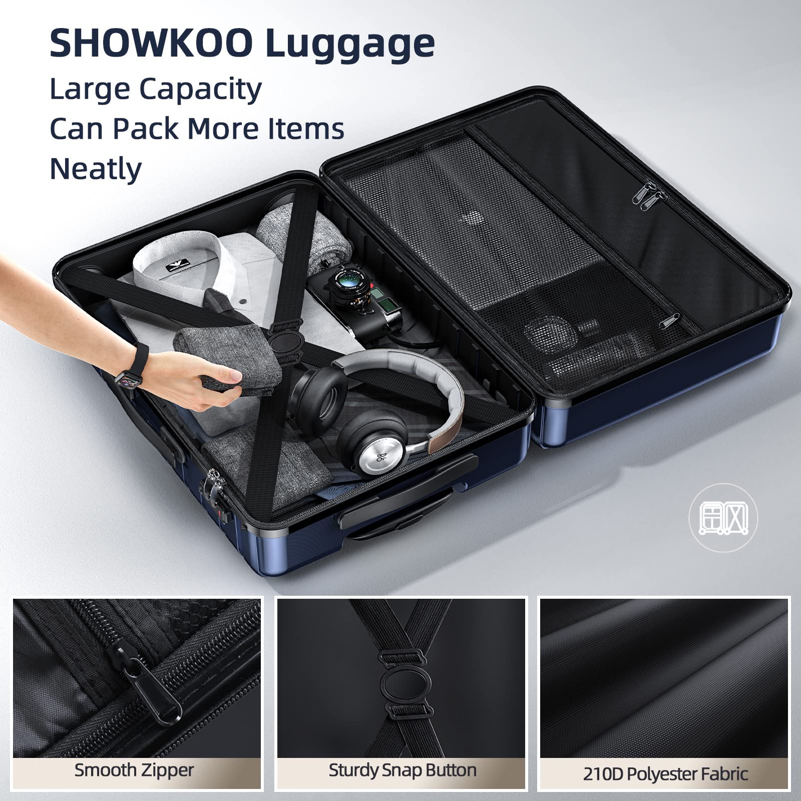 SHOWKOO Luggage Expandable Hardside Lightweight Durable Spinner Wheels Clearance Suitcase Set with TSA Lock 3 PCS (Deep blue)