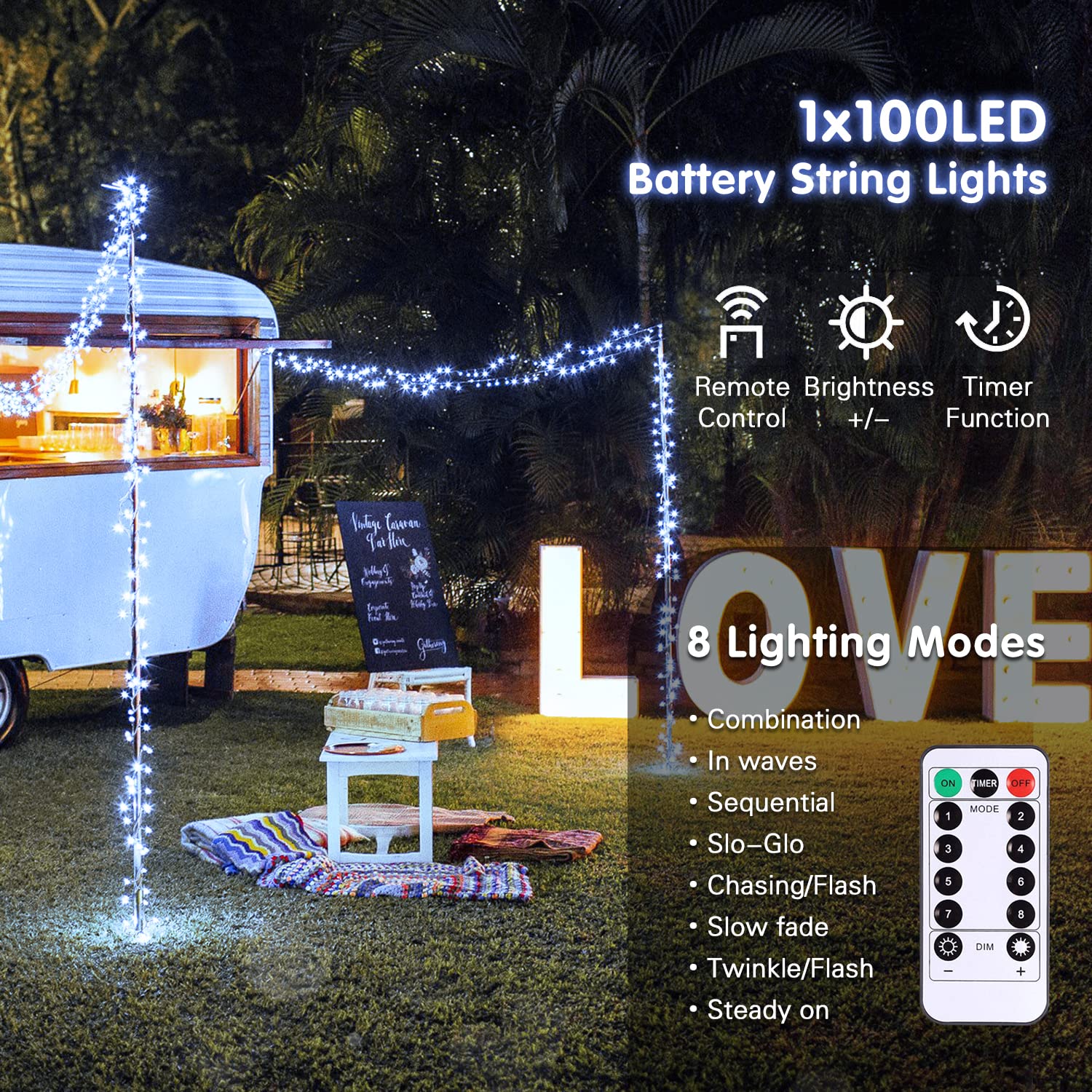 JMEXSUSS White Battery Operated String Lights Outdoor Waterproof, 33ft 100 LED Battery Power Christmas Lights Indoor, 8 Modes Twinkle Fairy Mini Lights with Remote for Wedding Bedroom Tree