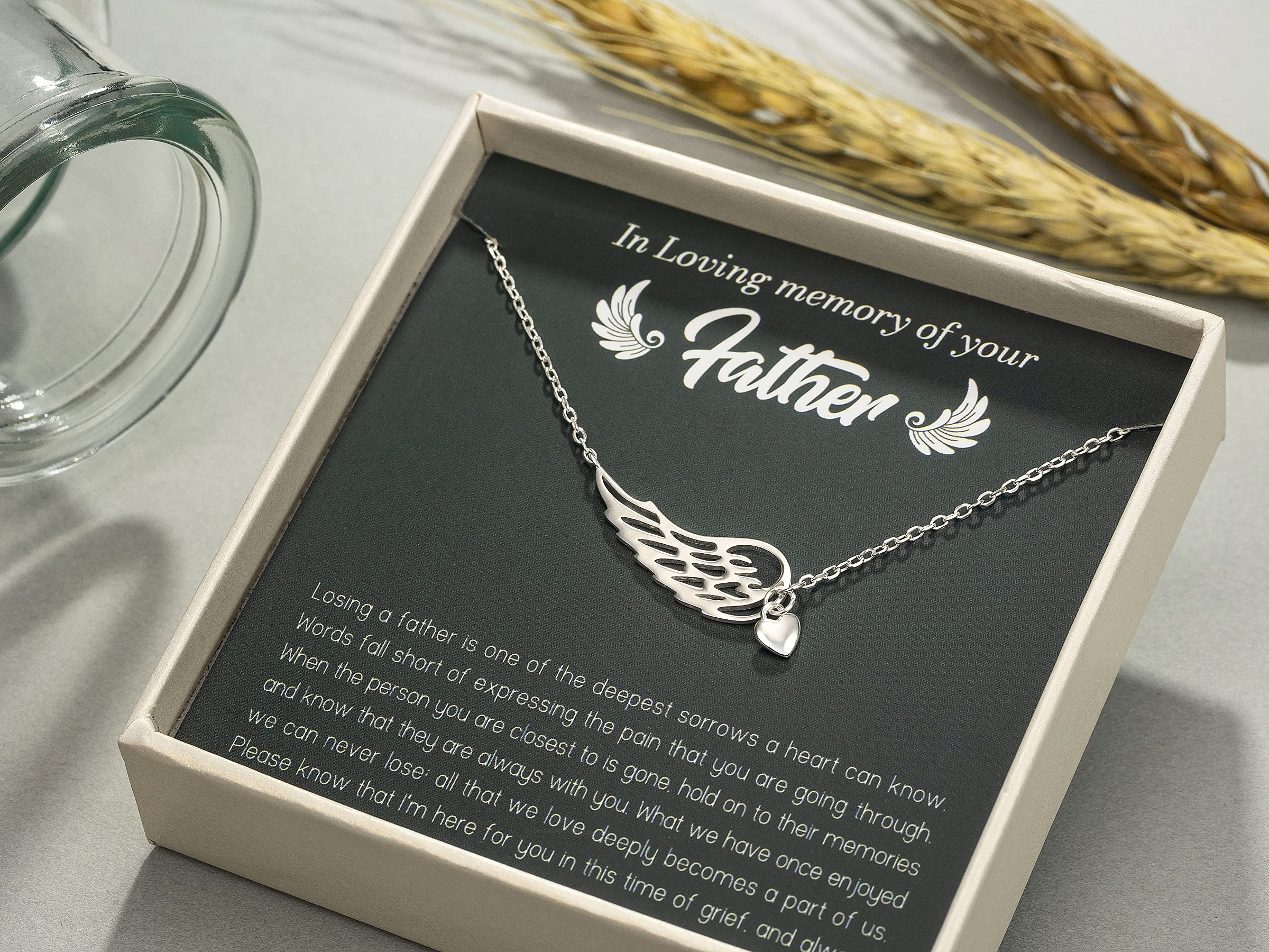 RareLove Sympathy Gifts for Loss of Father,Bereavement Condolence Gifts,Remembrance Gifts,925 Sterling Silver Angel Wing Heart Pendant Necklace,Sorry for Your Loss Gift Memorial Gifts