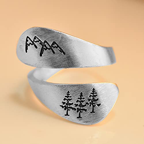 Mountain and Trees Cute Wrap Rings for Women Finger Band Statement Vintage Silver Plated Middle Tail Ring Wide Hypoallergenic Expandable Adjustable Cute Engagement Promise Dainty Mother Gifts Birthday