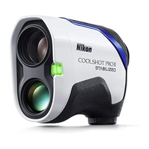 nikon coolshot proii stabilized golf rangefinder, waterproof, 6x magnification, slope, hyper read, dual locked on echo, oled display, 5 year warranty, white/blue/black