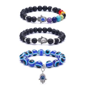 VALIJINA 3Pcs Evil Eye Charm Bracelets-7 Chakras Gemstone Lava Stone Hamsa Hand of Fatima Turkish Evil Eye Lucky Bracelet for Protection and Blessing