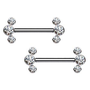 Pierced Owl 14G G23 Implant Grade Titanium Threadless Push-in Triple Bezel Set CZ Crystal Ends Nipple Barbells, Sold as a Pair (Clear)